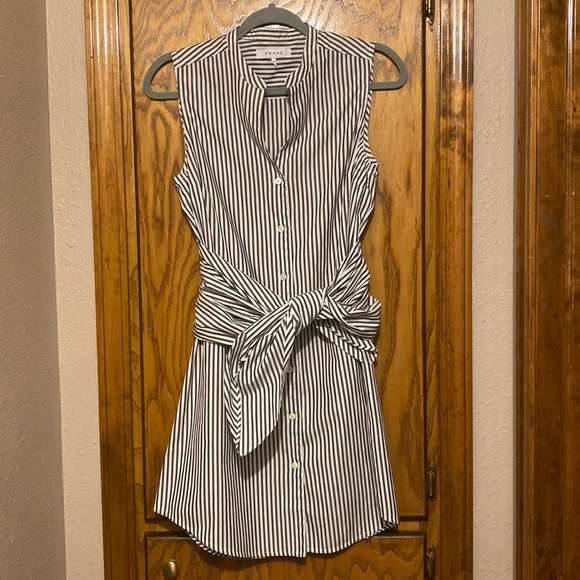 FRAME Cotton Sleeveless Striped Button Down Dress Tie Waist Shirt Dress SMALL - Picture 4 of 11